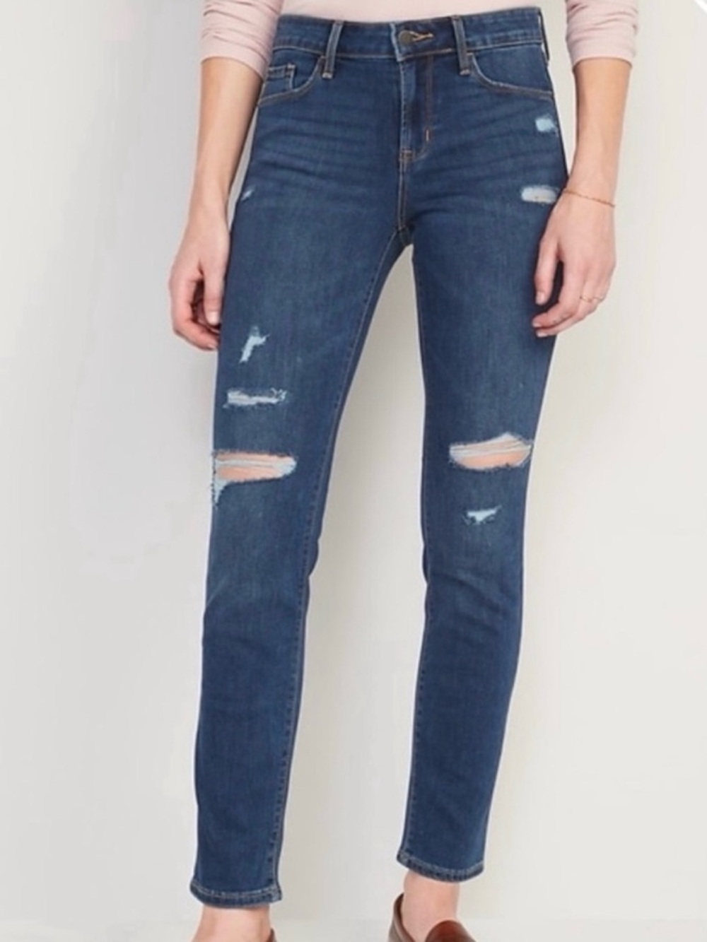 Old Navy Distressed Mid Rise Power Slim Straight Leg Jeans 0